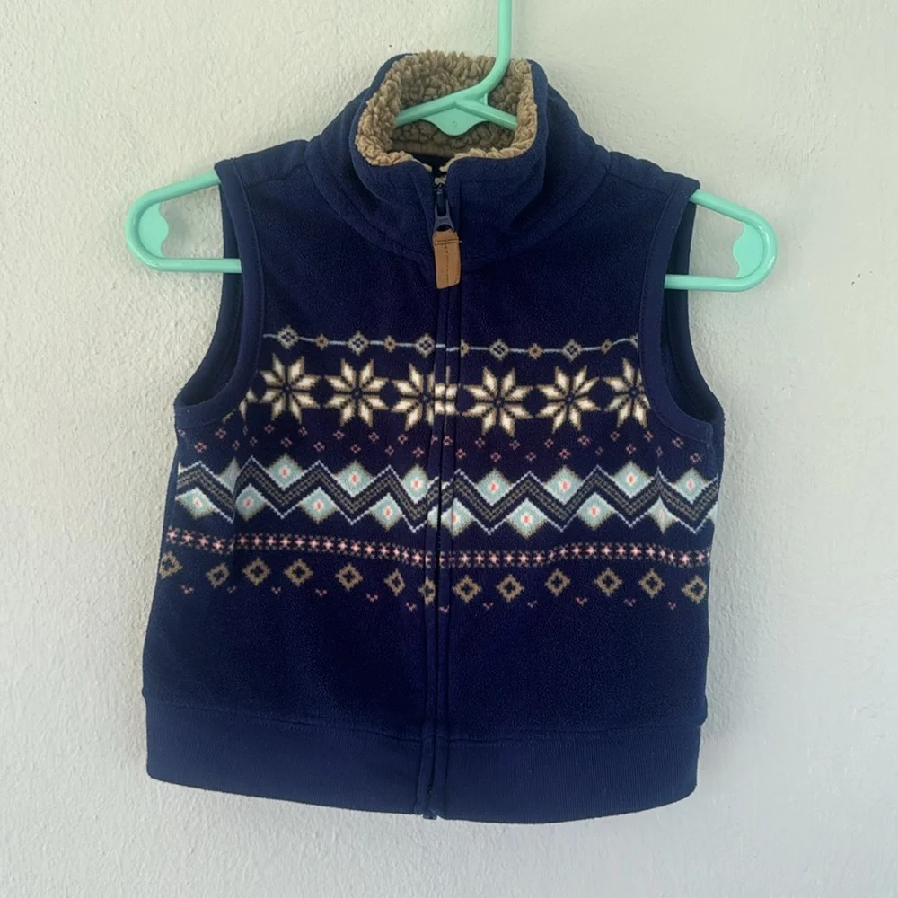 Carter’s blue fleece baby boy full zip Sherpa neckline fair isle vest size 12M